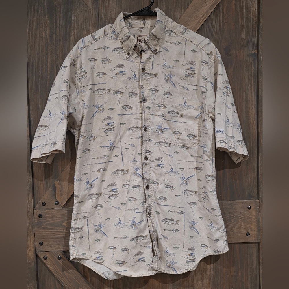 Woolrich Fishing All-Over Print Short Sleeve Button Down Size Medium